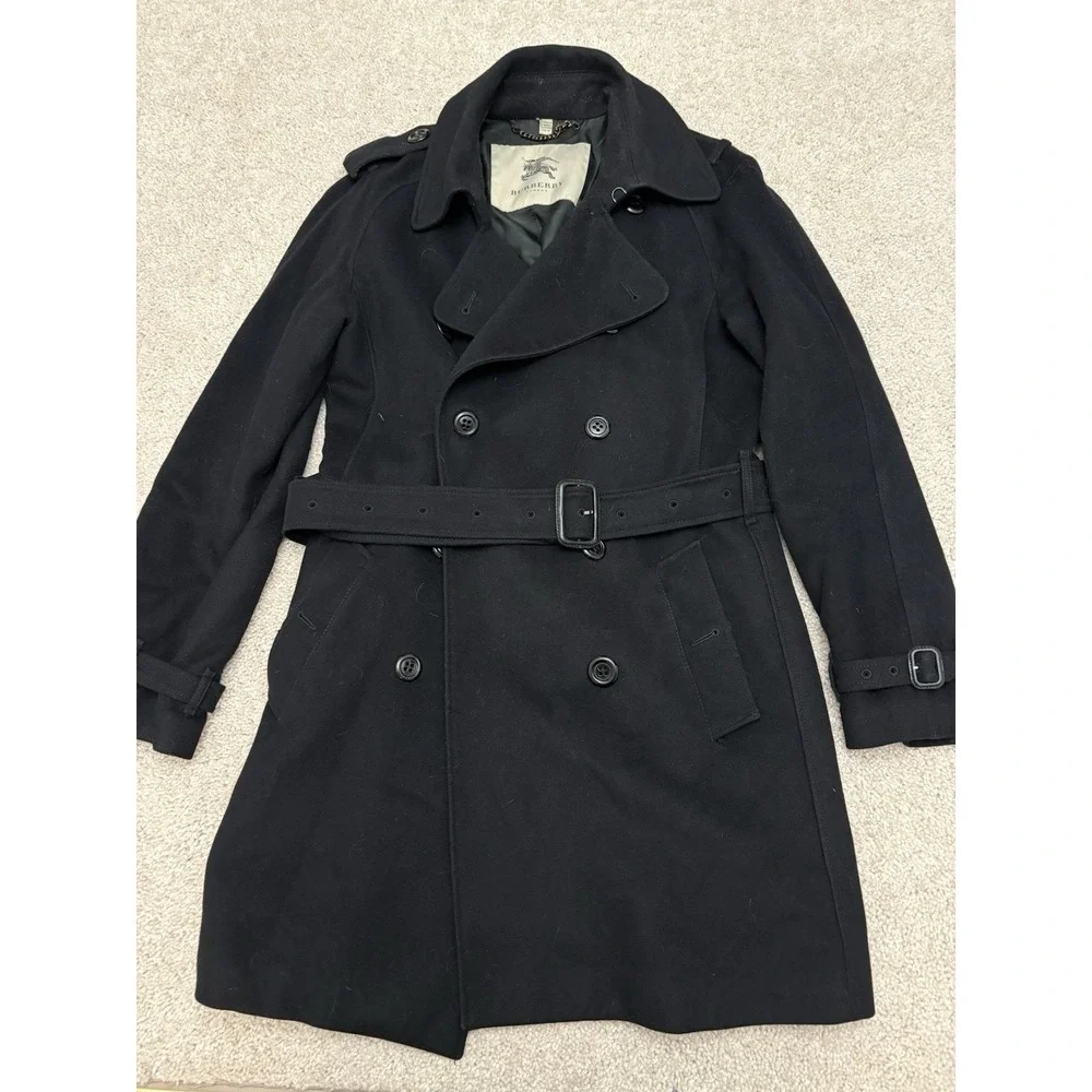 Burberry London Wool Cashmere Black Trench Coat Double Breasted Belt US 10 - Picture 1 of 9